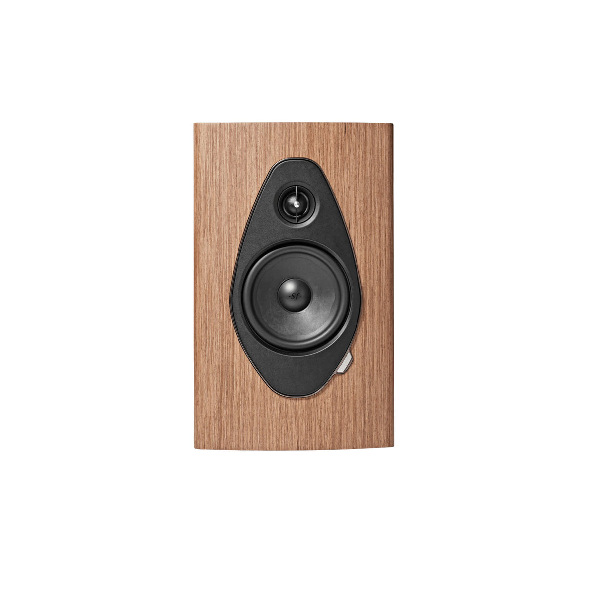 A front view of the Sonus faber Sonetto Wall  wall in walnut wood finish.