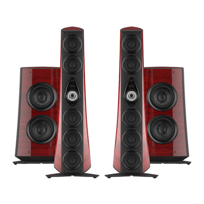 A front view of the Sonus faber Suprema floorstanding speaker and subwoofer from the Reference collection
