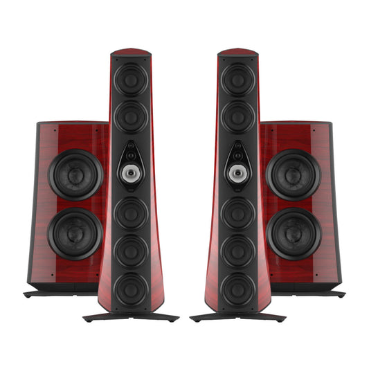 A front view of the Sonus faber Suprema floorstanding speaker and subwoofer from the Reference collection